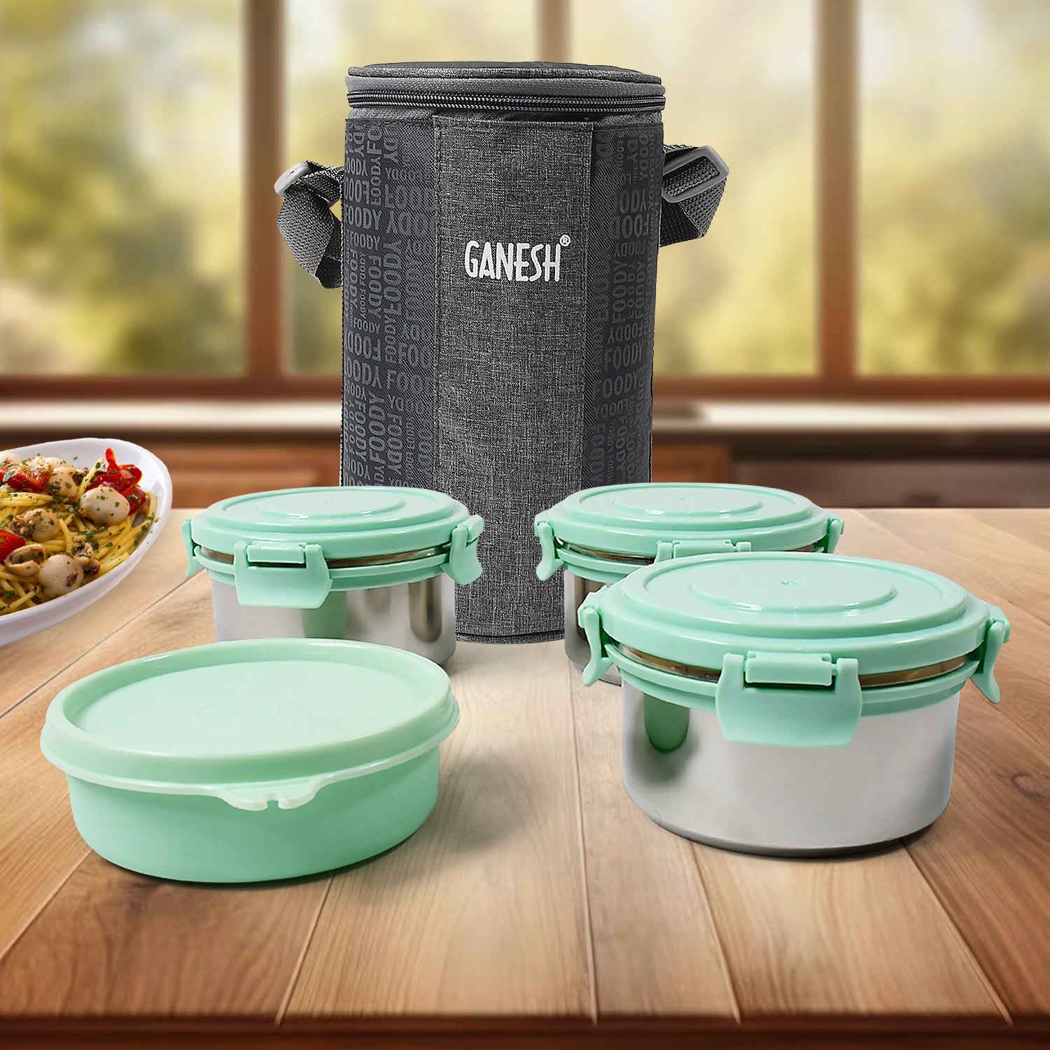 Ganesh 4In1 Tiffin Box-Lunch Box | 3 Stainless Steel Containers 300 Ml Approx & Plastic Salad Container 200 Ml Approx| Plastic lid Box | Round Zip Bag | Leak Proof | Microwave Safe for Office, College and School for Men, Women Ganesh 4In1 Tiffin Box-Lunch Box | 3 Stainless Steel Containers 300 Ml Approx & Plastic Salad Container 200 Ml Approx| Plastic lid Box | Round Zip Bag | Leak Proof | Microwave Safe for Office, College and School for Men, Women